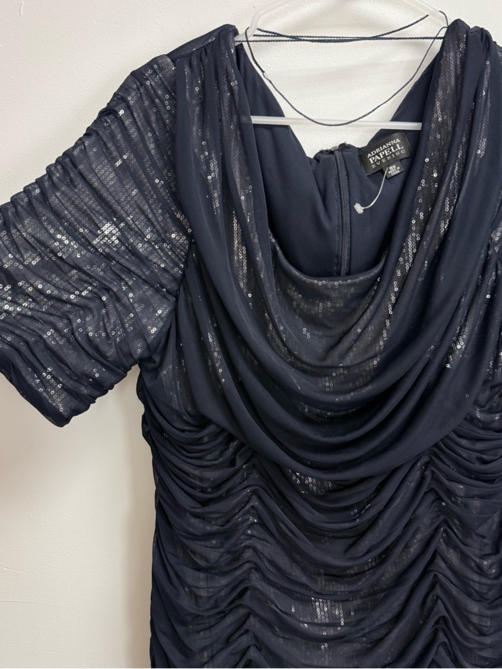 Adrianna Papell Evening Cocktail Dress Womens 16W Navy Blue Sequin Ruched Layer - Picture 3 of 12